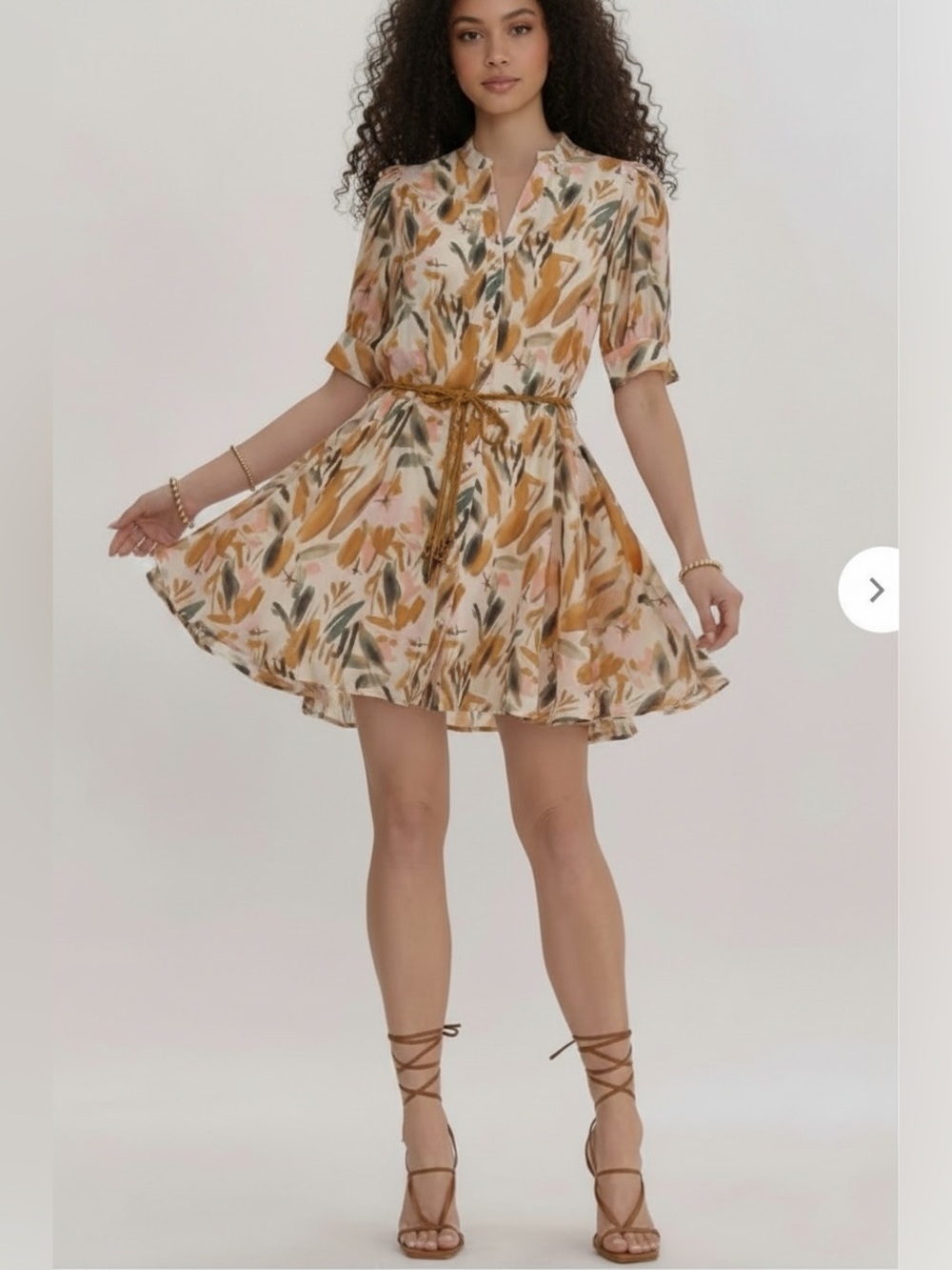 Floral Tie-Waist Short Dress in Mustard and Pink